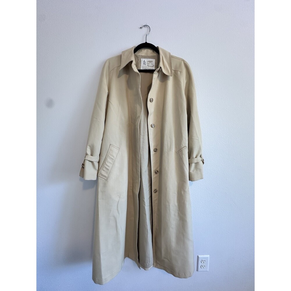VTG Womens London Fog Beige Trench Coat Button Belted Lined Long Size 16 Regular